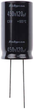 Rubycon CXW, THT Aluminium-Elektrolyt Kondensator 120μF ±20% / 450V Dc, Ø 18mm X 31.5mm, Bis 105°C