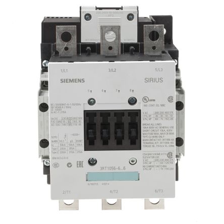 Siemens 3RT1 Series Contactor, 230 V Ac Coil, 3-Pole, 185 A, 90 KW, 3NO, 400 V Ac