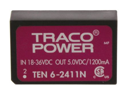 TRACOPOWER TEN 6N DC/DC-Wandler 6W 24 V Dc IN, 5V Dc OUT / 1.2A 1.5kV Dc Isoliert