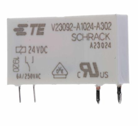 TE Connectivity PCB Mount Power Relay, 24V Dc Coil, 6A Switching Current, SPST