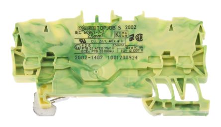 Wago TOPJOB S, 2002 Schutzleiterklemme Einfach Grün/Gelb, 2.5mm², 800 V / 22A, Steckanschluss