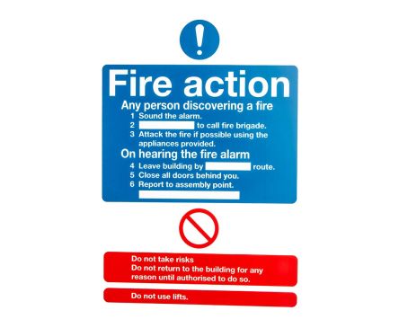 RS PRO Brandschutzzeichen Kunststoff Brandaktion Blau/Rot/Weiß Fire Action Instructions, Englisch