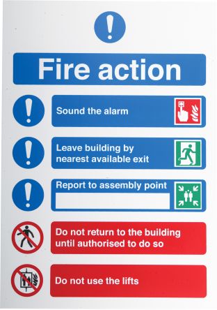 RS PRO Panneau De Sécurité Incendie, Fire Action Instructions, Texte En Anglais, Bleu/Vert/Rouge/Blanc, PP