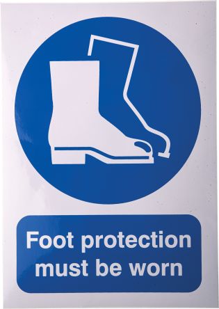 RS PRO Gebotszeichen Foot Protection Must Be Worn Mit Piktogramm: Fußschutz, Vinyl Selbstklebend Englisch, B 210mm, H