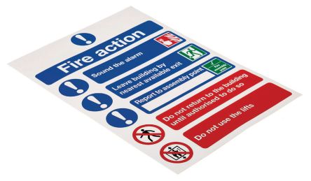 RS PRO Brandschutzzeichen Vinyl Brandaktion Weiß Fire Action Instructions, Englisch Selbstklebend