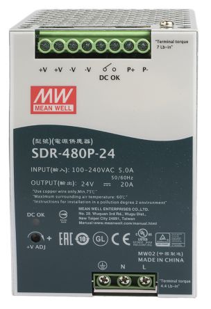 MEAN WELL SDR Switch-Mode DIN-Schienen Netzteil 480W, 88 → 264V Ac, 24V Dc / 20A