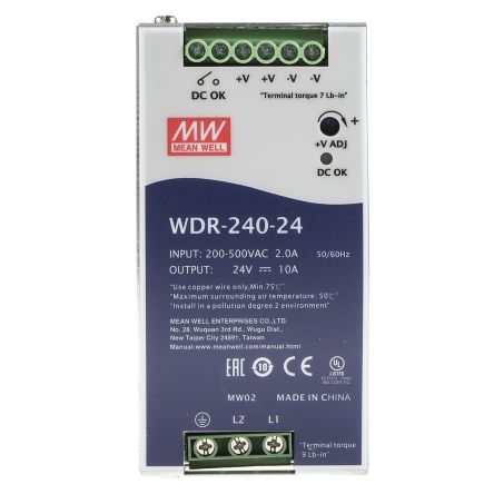 MEAN WELL WDR Switch-Mode DIN-Schienen Netzteil 240W, 180 → 550V Ac, 24V Dc / 10A