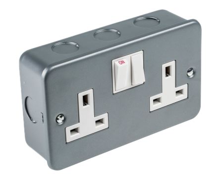 | RS Pro Grey 2 Gang Steel Metal Clad Switched Electrical Socket, Type ...