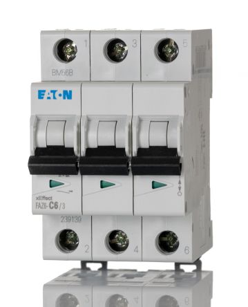 Eaton Interruptor Automático 3P, 6A, Curva Tipo C, Poder De Corte 6 KA, XEffect, Montaje En Carril DIN