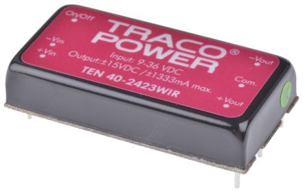 TRACOPOWER TEN 40WIR DC-DC Converter, ±15V Dc/ ±1.33A Output, 9 → 36 V Dc Input, 40W, Through Hole, +85°C Max