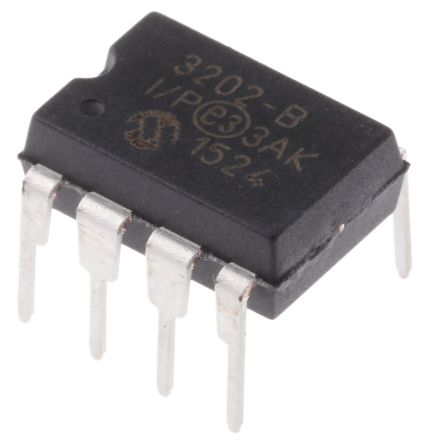 Microchip 12-Bit ADC MCP3202-BI/P Dual, 100ksps PDIP, 8-Pin