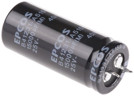EPCOS B41231 Snap-In Aluminium-Elektrolyt Kondensator 15000μF ±20% / 25V Dc, Ø 22mm X 50mm, +85°C