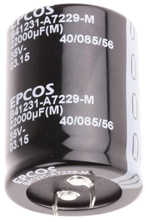 EPCOS B41231 Snap-In Aluminium-Elektrolyt Kondensator 22000μF ±20% / 35V Dc, Ø 35mm X 45mm, +85°C