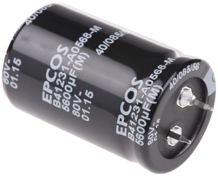 EPCOS B41231 Snap-In Aluminium-Elektrolyt Kondensator 5600μF ±20% / 80V Dc, Ø 30mm X 45mm, +85°C