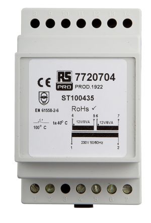 RS PRO 导轨式变压器, 初级:230V 交流, 次级:12V 交流, 16VA, DIN 导轨