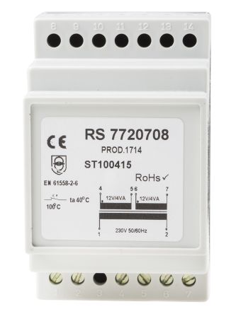 RS PRO 导轨式变压器, 初级:230V 交流, 次级:12V 交流, 8VA, DIN 导轨