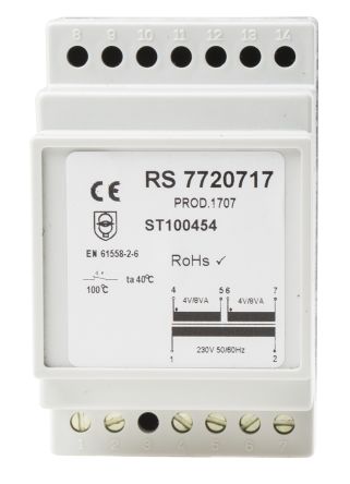 RS PRO 导轨式变压器, 初级:230V 交流, 次级:4V 交流, 16VA, DIN 导轨