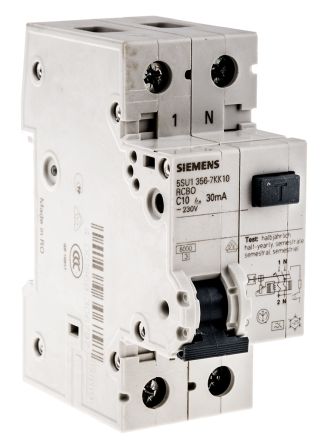Siemens Interruptor Automático Y Diferencial 1P+N, 10A, Sensibilidad 30mA, Curva Tipo C, Montaje En Carril DIN, Sentron