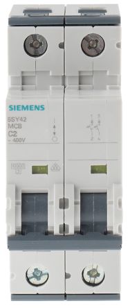 Siemens 5SY4 MCB Leitungsschutzschalter Typ C, 2-polig 2A 400V, Abschaltvermögen 10 KA Sentron DIN-Schienen-Montage