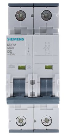 Siemens 5SY4 MCB Leitungsschutzschalter Typ D, 2-polig 2A 400V, Abschaltvermögen 10 KA Sentron DIN-Schienen-Montage