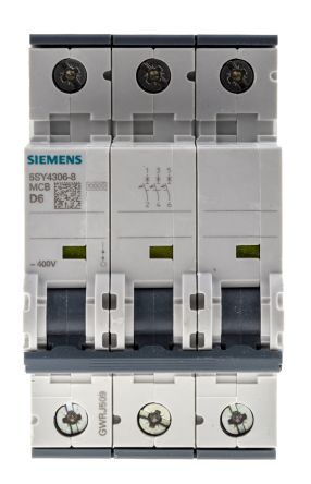 Siemens Interruptor Automático 3P, 6A, Curva Tipo D, Poder De Corte 10 KA, Sentron, Montaje En Carril DIN