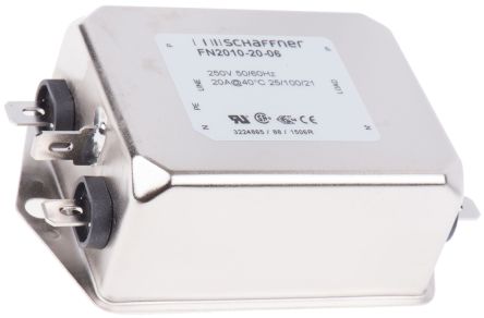 Schaffner FN2010 EMV-Filter, 250 V Ac, 20A, Gehäusemontage 3.8W, Flachstecker, 1-phasig 0,74 MA / 0 → 400Hz
