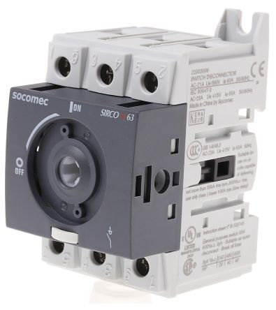 3 Pole DIN Rail Non Fused Isolator Switch, NO/3NC (Auxiliary), 63 A, 30 kW