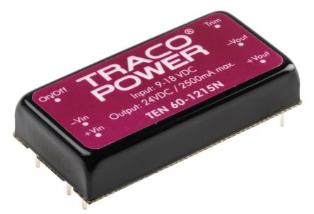 TRACOPOWER TEN 60N DC/DC-Wandler 60W 12 V Dc IN, 24V Dc OUT / 2.5A 1.5kV Dc Isoliert