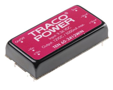 TRACOPOWER TEN 60WIN DC/DC-Wandler 60W 24 V Dc IN, 12V Dc OUT / 5A 1.6kV Dc Isoliert