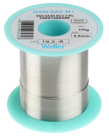 Weller Hilo De Soldar De 0.5mm, Fusión A: 217°C, Composición: Sn 96.5%, Pb 0%, Cu 0.5%, Ag 3%, Peso 100g
