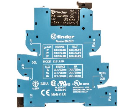 Finder 39 Series Interface Relais, 19.2V / 26.4V 24V Ac/dc, 1-poliger Wechsler DIN-Schienen 250 → 400V Ac