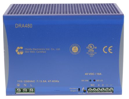 Chinfa DRA480 Switch-Mode DIN-Schienen Netzteil 480W, 90 → 264V Ac, 48V Dc / 10A
