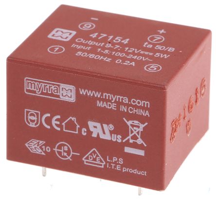 Myrra Transformador SMPS, 1 Salida, 5W, 85 → 265 V Ac, 85 → 370 V Dc, 12V Dc