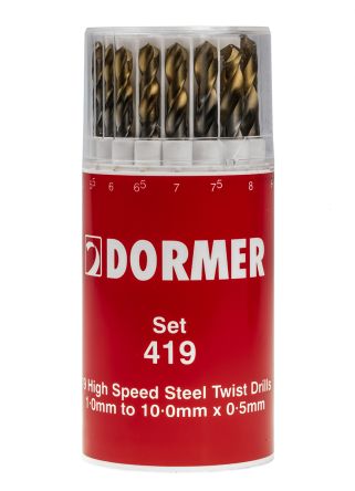 Dormer 钻头套件, 19件, 最大尺寸 10mm, 最小尺寸 1mm多材料, HSS-TiN