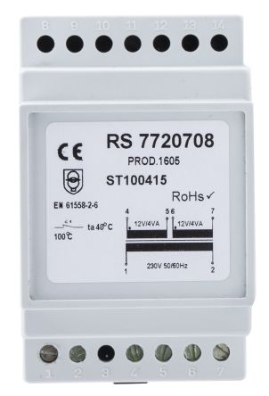 RS PRO 导轨式变压器, 初级:230V 交流, 次级:12V 交流, 72VA, DIN 导轨