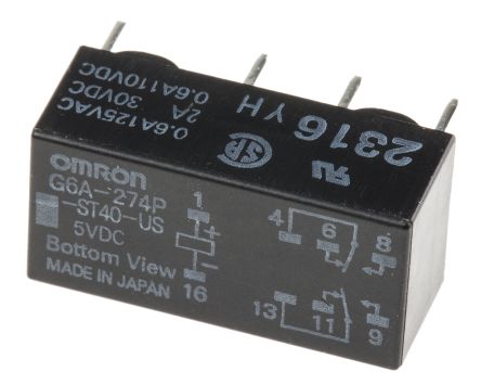 Omron G6A Signalrelais Printrelais, 5V Dc Spule, 2-poliger Wechsler, 2A, 250V / 220V, Leiterplattenstift
