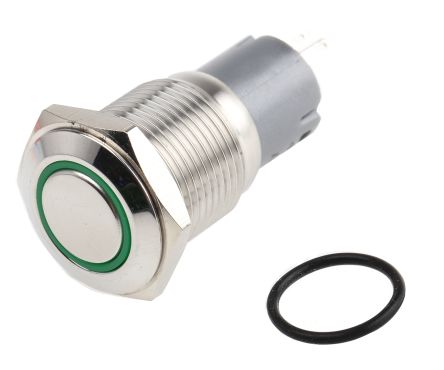 RS PRO Illuminated Push Button Switch, Latching, Panel Mount, 16mm Cutout, SPDT, Green LED, 250V Ac, IP65, IP67