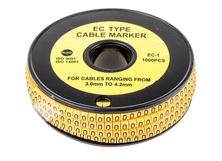 RS PRO Kabel-Markierer, Aufsteckbar, Beschriftung: 0, Schwarz Auf Gelb, Ø 3mm - 4.2mm, 4mm, 1000 Stück