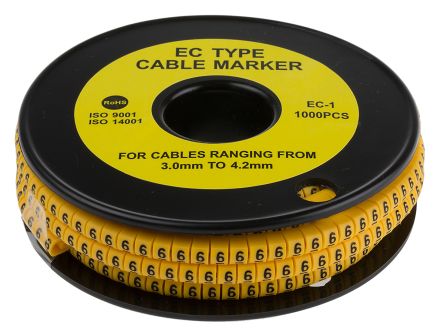 RS PRO Slide On Cable Markers, Black On Yellow, Pre-printed 6, 3 → 4.2mm Cable