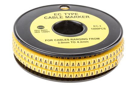 RS PRO Kabel-Markierer, Aufsteckbar, Beschriftung: A, Schwarz Auf Gelb, Ø 3mm - 4.2mm, 4mm, 1000 Stück
