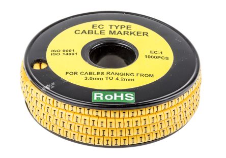 RS PRO Kabel-Markierer, Aufsteckbar, Beschriftung: I, Schwarz Auf Gelb, Ø 3mm - 4.2mm, 4mm, 1000 Stück