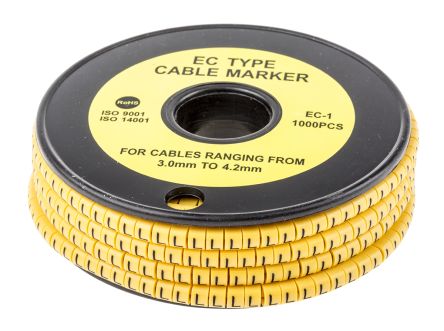 RS PRO Kabel-Markierer, Aufsteckbar, Beschriftung: L, Schwarz Auf Gelb, Ø 3mm - 4.2mm, 4mm, 1000 Stück
