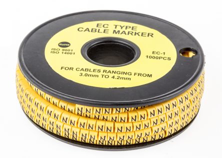 RS PRO Marcadores De Cable De PVC Negro Sobre Amarillo, Texto: N, Ø Máx. 4.2mm, Montaje: Deslizante, 1000 Uds.