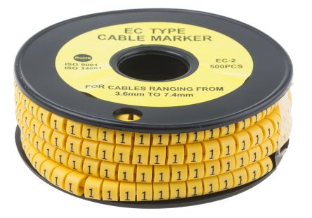 RS PRO Kabel-Markierer, Aufsteckbar, Beschriftung: 1, Schwarz Auf Gelb, Ø 3.6mm - 7.4mm, 5mm, 500 Stück