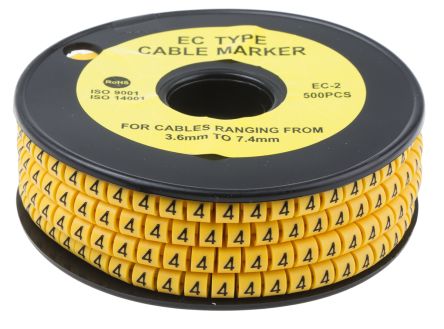 RS PRO Kabel-Markierer, Aufsteckbar, Beschriftung: 4, Schwarz Auf Gelb, Ø 3.6mm - 7.4mm, 5mm, 500 Stück