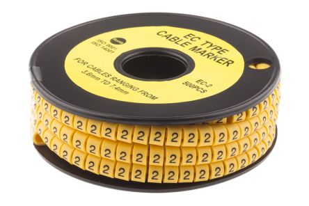 RS PRO Slide On Cable Markers, Black On Yellow, Pre-printed 2, 3.6 → 7.4mm Cable