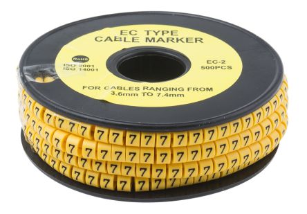 RS PRO Marcadores De Cable De PVC Negro Sobre Amarillo, Texto: 7, Ø Máx. 7.4mm, Montaje: Deslizante, 500 Uds.