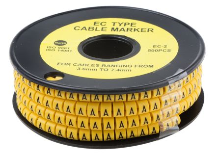 RS PRO Kabel-Markierer, Aufsteckbar, Beschriftung: A, Schwarz Auf Gelb, Ø 3.6mm - 7.4mm, 5mm, 500 Stück