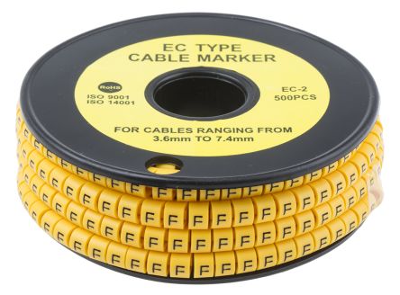 RS PRO Kabel-Markierer, Aufsteckbar, Beschriftung: F, Schwarz Auf Gelb, Ø 3.6mm - 7.4mm, 5mm, 500 Stück