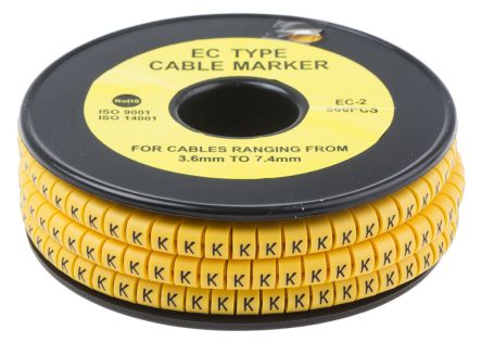 RS PRO Kabel-Markierer, Aufsteckbar, Beschriftung: K, Schwarz Auf Gelb, Ø 3.6mm - 7.4mm, 5mm, 500 Stück